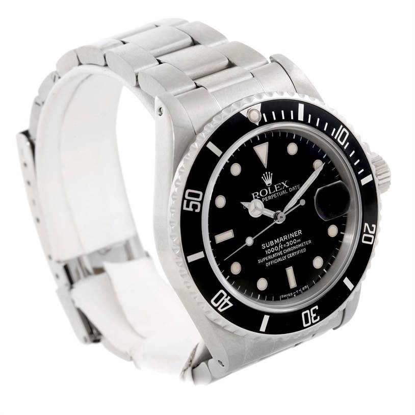 The Rolex Vintage Collection 168000 Men's Stainless Steel Black Dial 168000 Men's Stainless Steel Black Dial Submariner watch is shown at a three-quarter angle, highlighting its face, bezel, crown, and part of the bracelet.
