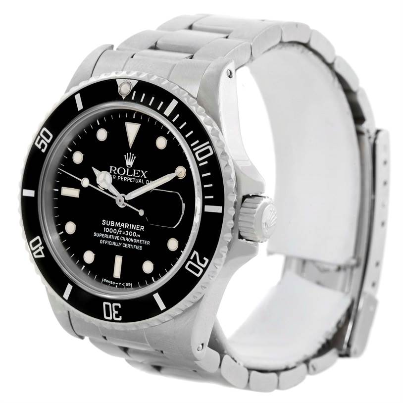 The Rolex Vintage Collection 168000 Men's Stainless Steel Black Dial 168000 Men's Stainless Steel Black Dial Submariner watch is shown at an angle highlighting its face, bezel, crown, and stainless steel bracelet.