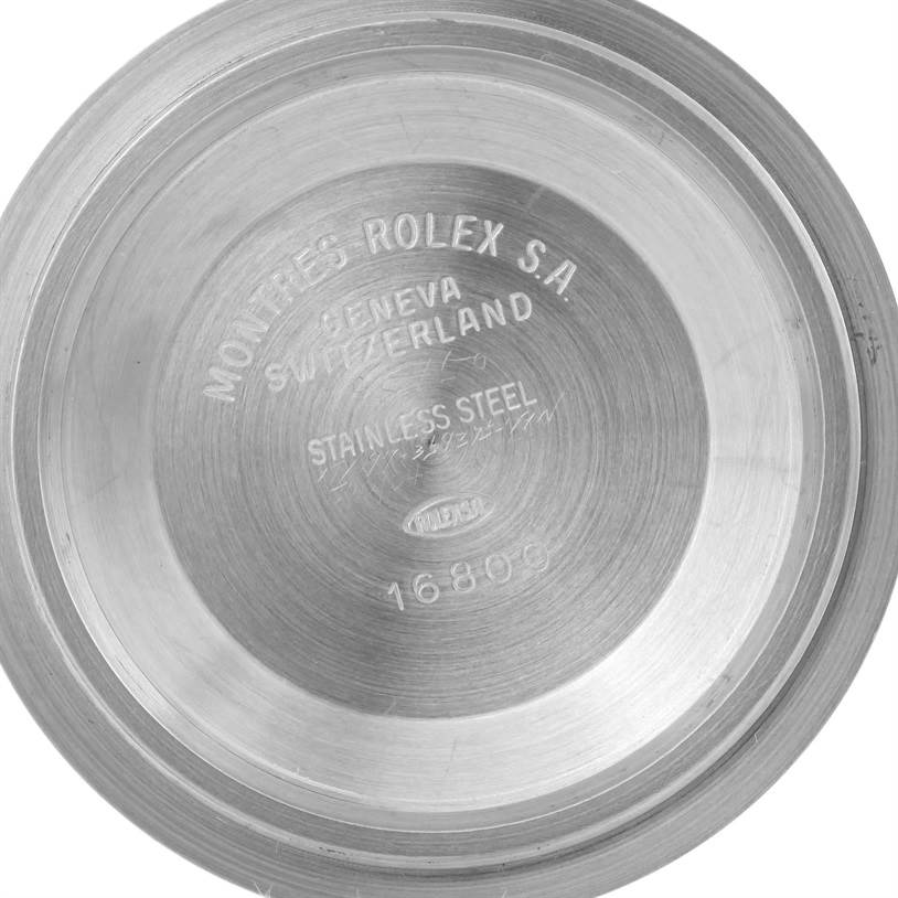 The image shows the inner case back of the Vintage Collection model by Rolex, featuring engravings and model number 16800.