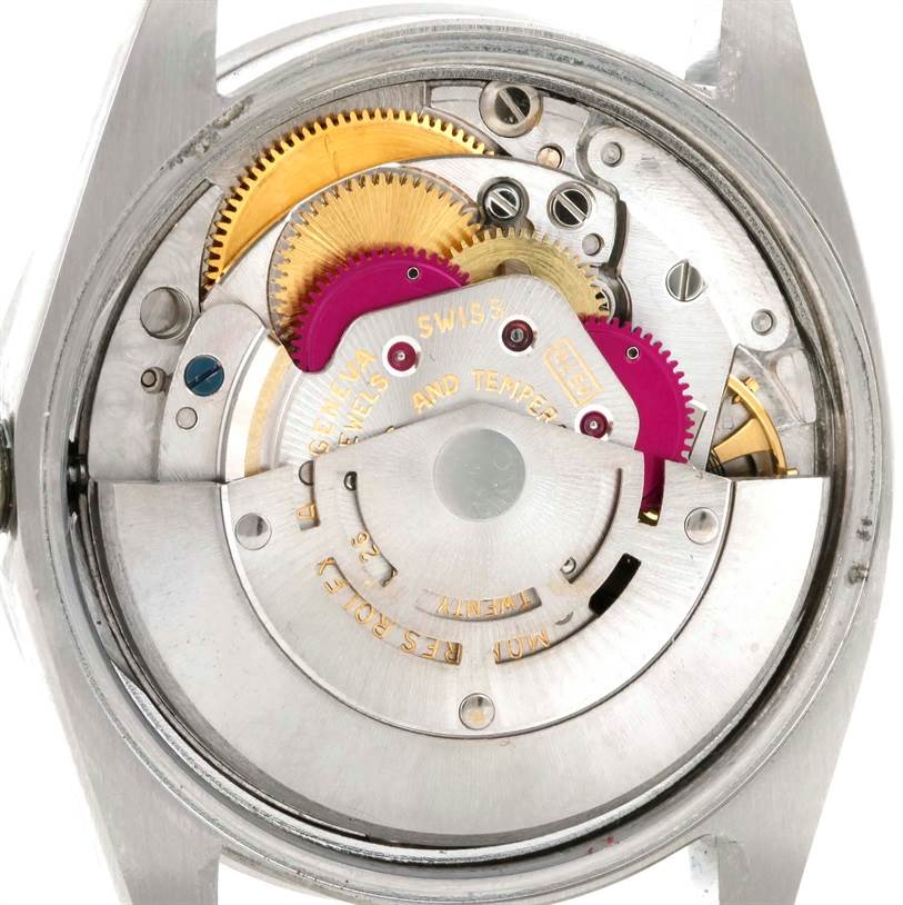 This image shows the internal mechanical components and movement of a Rolex Vintage Collection 1501 Men's Stainless Steel Silver Dial 1501 Men's Stainless Steel Silver Dial model watch from a top-down angle.