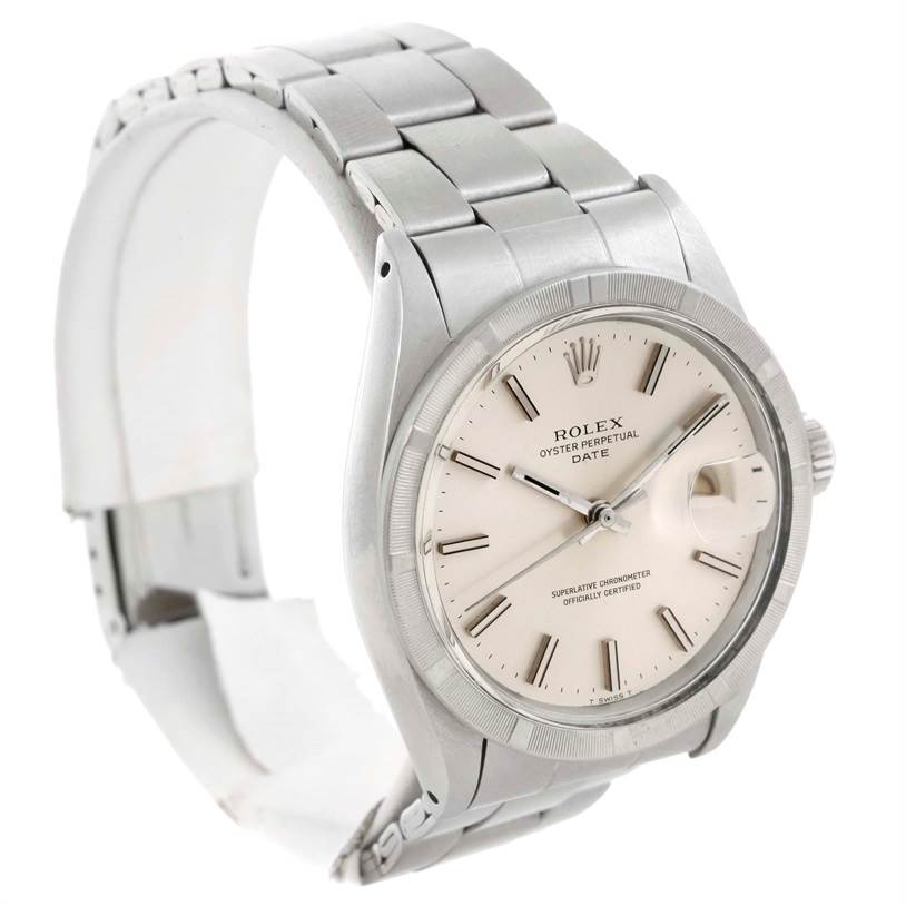 The image shows a Rolex Vintage Collection 1501 Men's Stainless Steel Silver Dial 1501 Men's Stainless Steel Silver Dial Oyster Perpetual Date watch from an angled side view, displaying the face and bracelet.