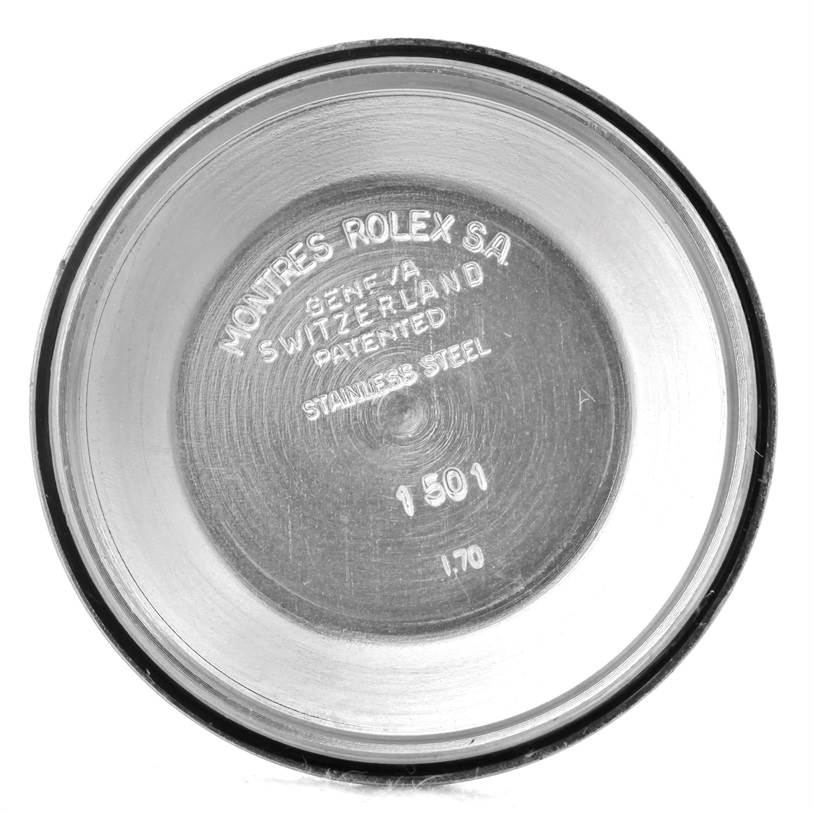 This image shows the inside of the stainless steel case back of a Vintage Collection Rolex watch, model 1501.
