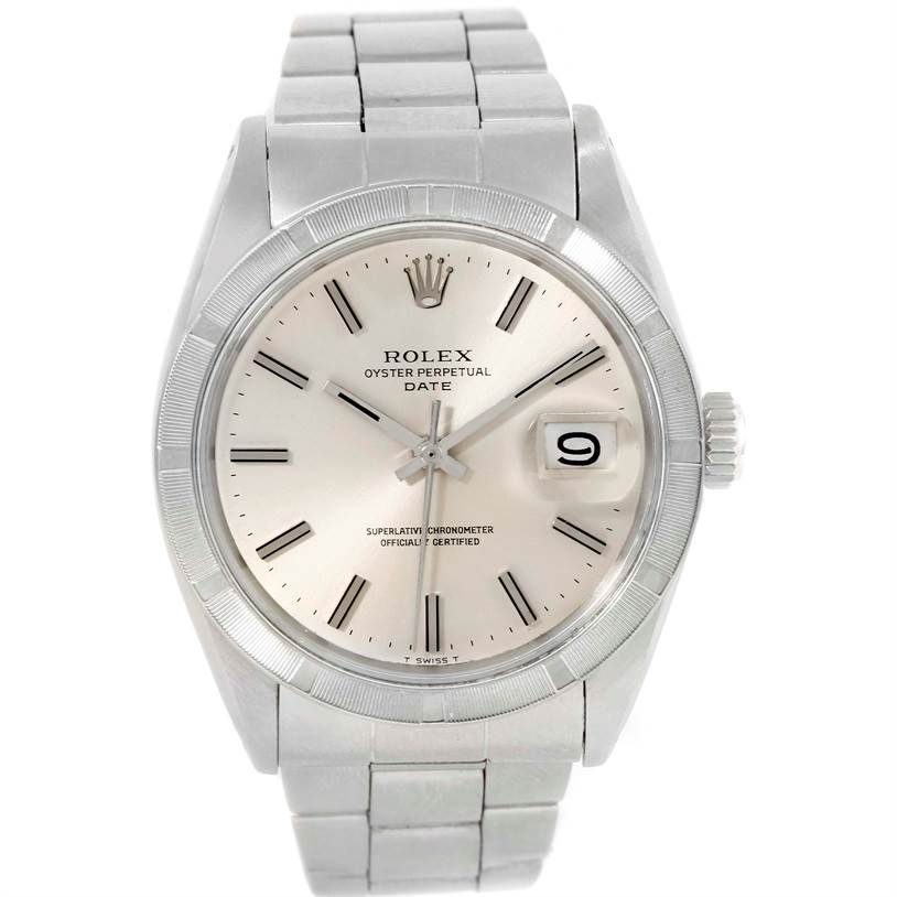 The image shows a front view of a Rolex Vintage Collection 1501 Men's Stainless Steel Silver Dial 1501 Men's Stainless Steel Silver Dial model, featuring the face, bezel, crown, and part of the bracelet.