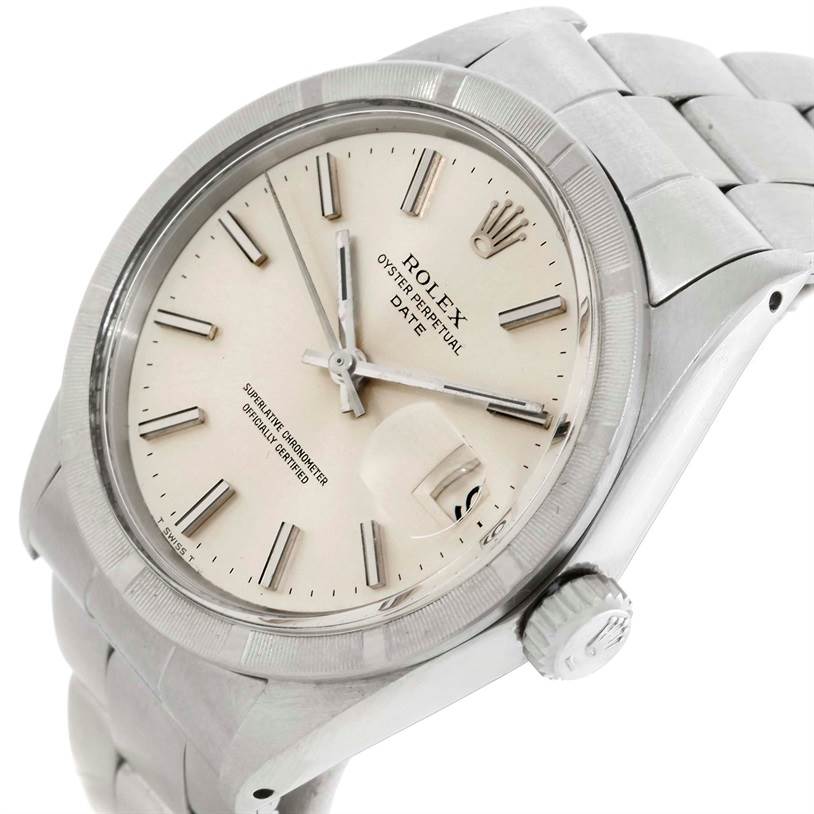 The image shows a close-up of the dial, bezel, crown, and part of the bracelet of a Rolex Vintage Collection 1501 Men's Stainless Steel Silver Dial 1501 Men's Stainless Steel Silver Dial Oyster Perpetual Date watch.