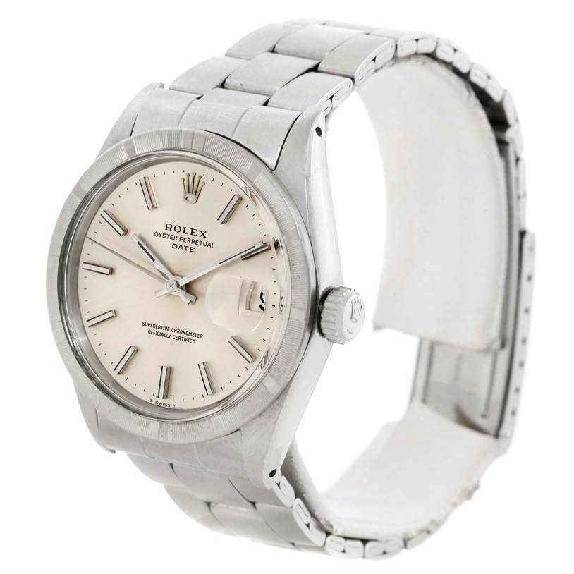 The image shows a side angle of the Rolex Vintage Collection 1501 Men's Stainless Steel Silver Dial 1501 Men's Stainless Steel Silver Dial model, displaying its face, crown, and partial bracelet.