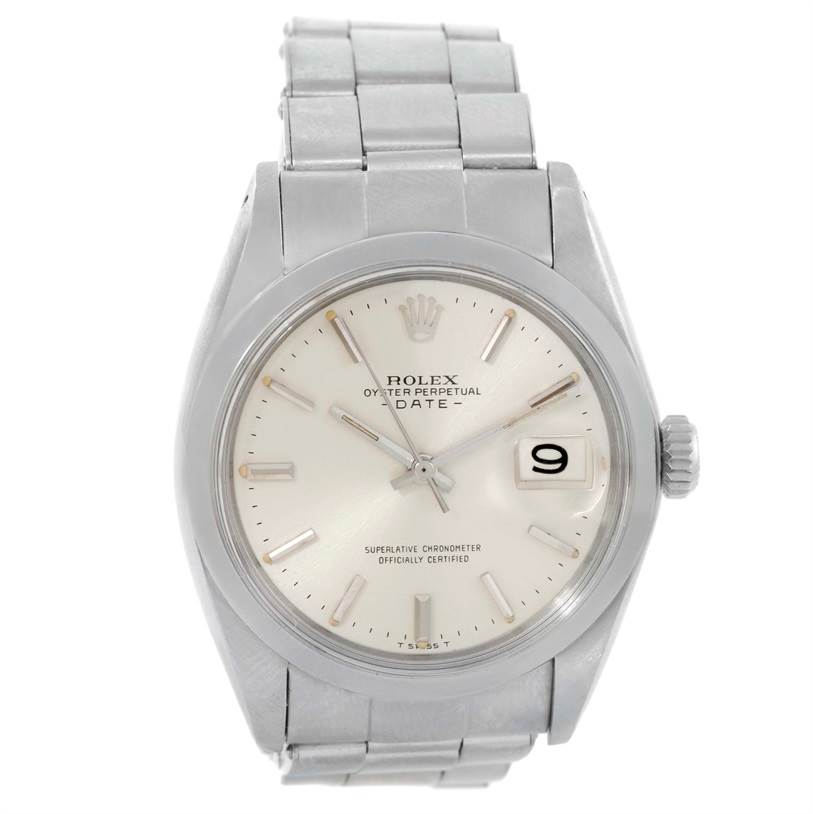 The image shows a front view of the Rolex Vintage Collection 1500 Men's Stainless Steel Silver Dial 1500 Men's Stainless Steel Silver Dial watch, displaying its face, bezel, crown, and bracelet.