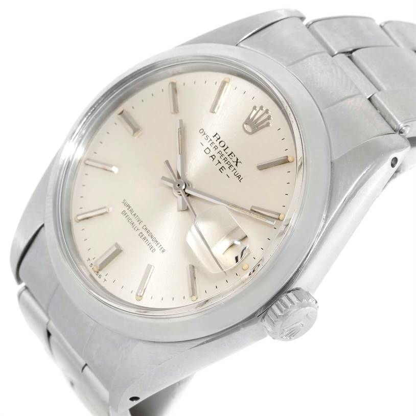 The image shows a close-up of the Rolex Vintage Collection 1500 Men's Stainless Steel Silver Dial 1500 Men's Stainless Steel Silver Dial watch, focusing on the dial, case, and part of the metal bracelet at a slight angle.