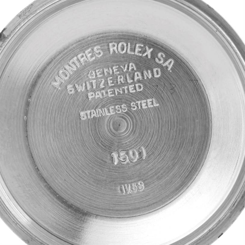 This image shows the inner back cover of the Rolex Vintage Collection 1501 Men's Stainless Steel Silver Dial 1501 Men's Stainless Steel Silver Dial watch, model number 1501, with engraving details.