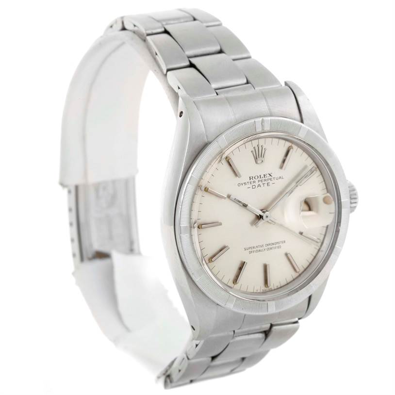 The image shows a side angle of the Rolex Vintage Collection 1501 Men's Stainless Steel Silver Dial 1501 Men's Stainless Steel Silver Dial model, displaying its face, bezel, crown, and metal bracelet.