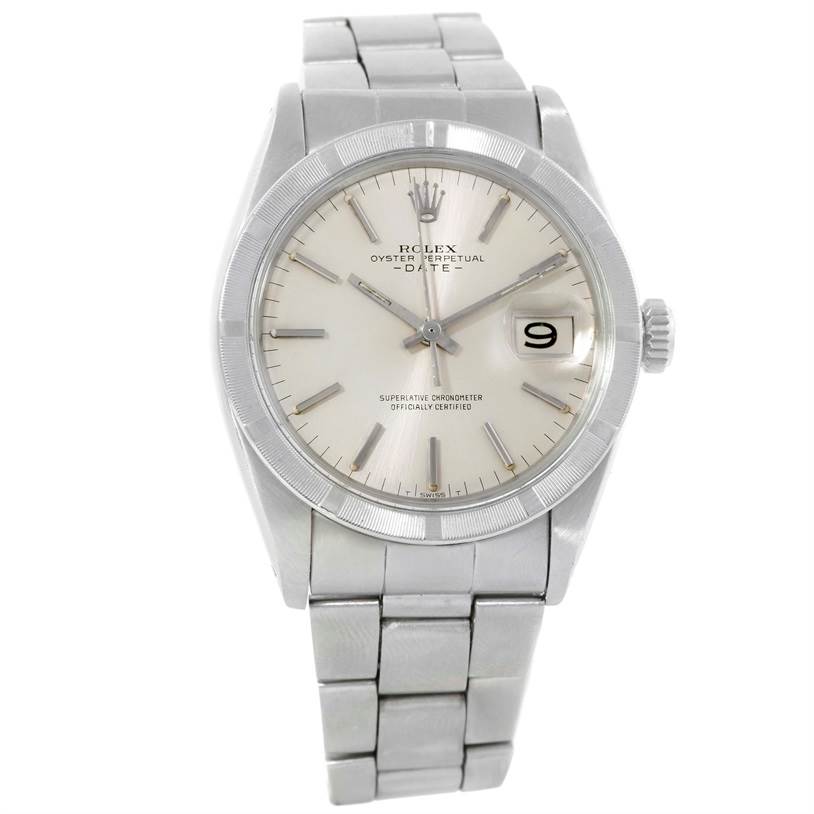 The image shows a front angle of the Vintage Collection Rolex Oyster Perpetual Date watch, highlighting the dial, bezel, and bracelet.