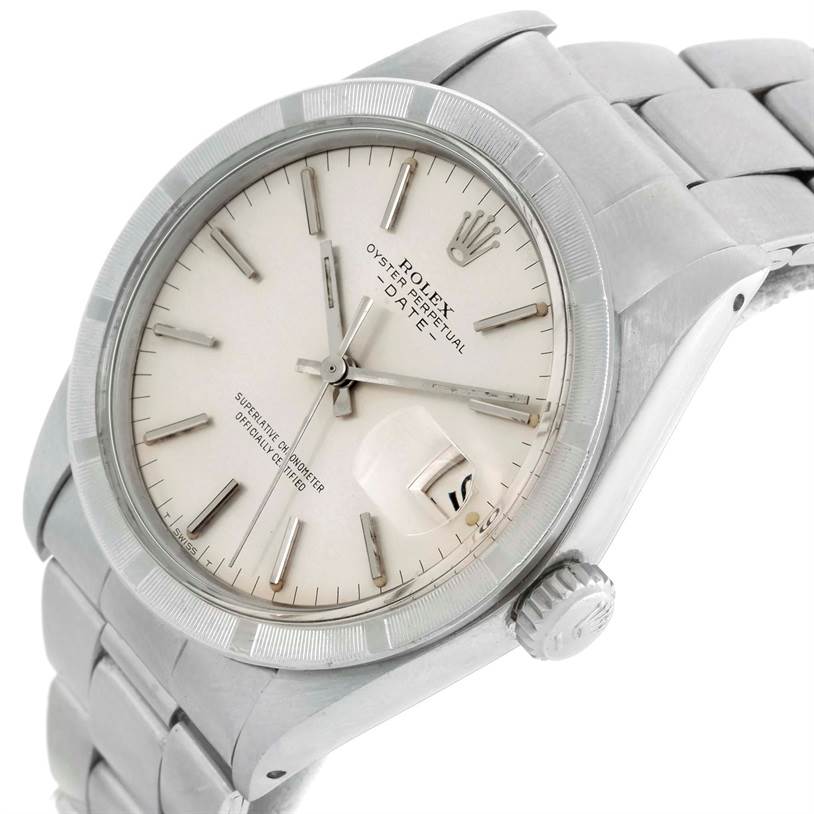 The image shows a close-up angle of a Rolex Vintage Collection 1501 Men's Stainless Steel Silver Dial 1501 Men's Stainless Steel Silver Dial model watch displaying the face, bezel, crown, and part of the bracelet.