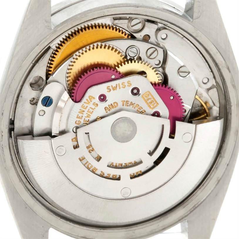 The image shows the inner mechanism and movement of the Vintage Collection model by Rolex from the back.