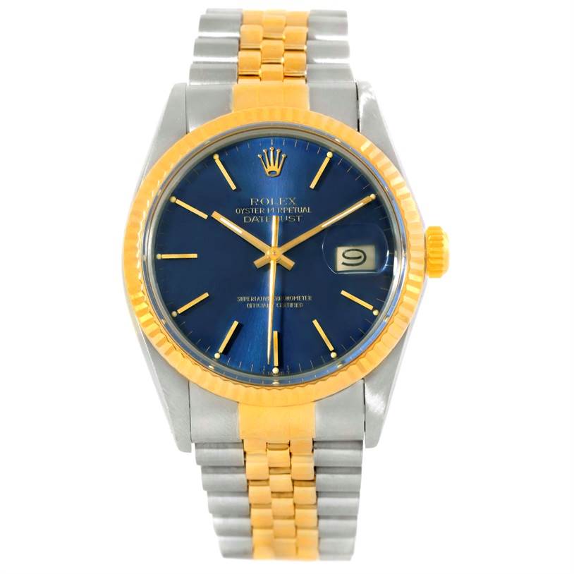 The image shows the front view of the Rolex Vintage Collection 16013 Men's Stainless Steel Blue Dial 16013 Men's Stainless Steel Blue Dial watch with a gold and silver bracelet and a blue dial.