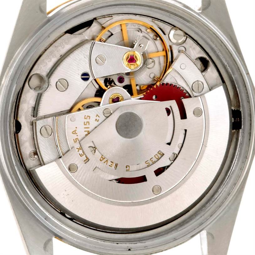 The image shows the internal mechanism of the Rolex Vintage Collection 16013 Men's Stainless Steel Blue Dial 16013 Men's Stainless Steel Blue Dial watch, viewed from the back.