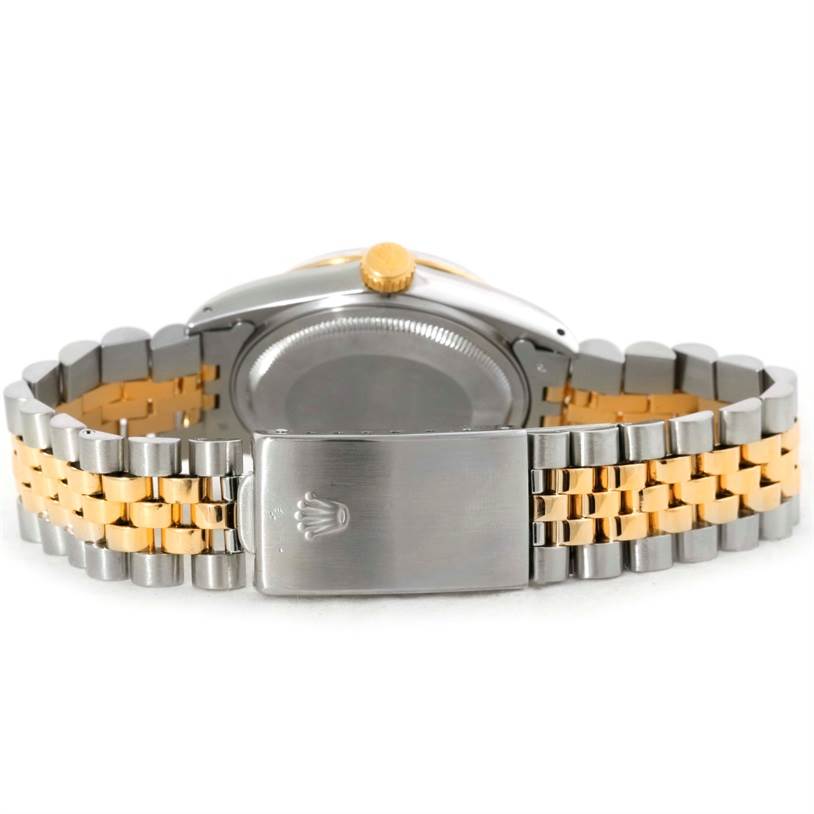 The image shows the back view of a Rolex Vintage Collection 16013 Men's Stainless Steel Blue Dial 16013 Men's Stainless Steel Blue Dial watch, highlighting the clasp and part of the bracelet.