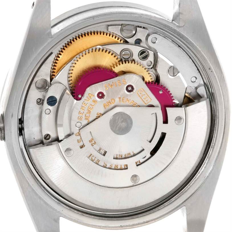 This image shows the open rear casing and internal mechanical components of a Rolex Vintage Collection 1501 Men's Stainless Steel Blue Dial 1501 Men's Stainless Steel Blue Dial watch.
