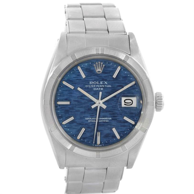 This image shows a front view of the Rolex Vintage Collection 1501 Men's Stainless Steel Blue Dial 1501 Men's Stainless Steel Blue Dial model watch, highlighting its blue dial, hour markers, bezel, bracelet, and date window.
