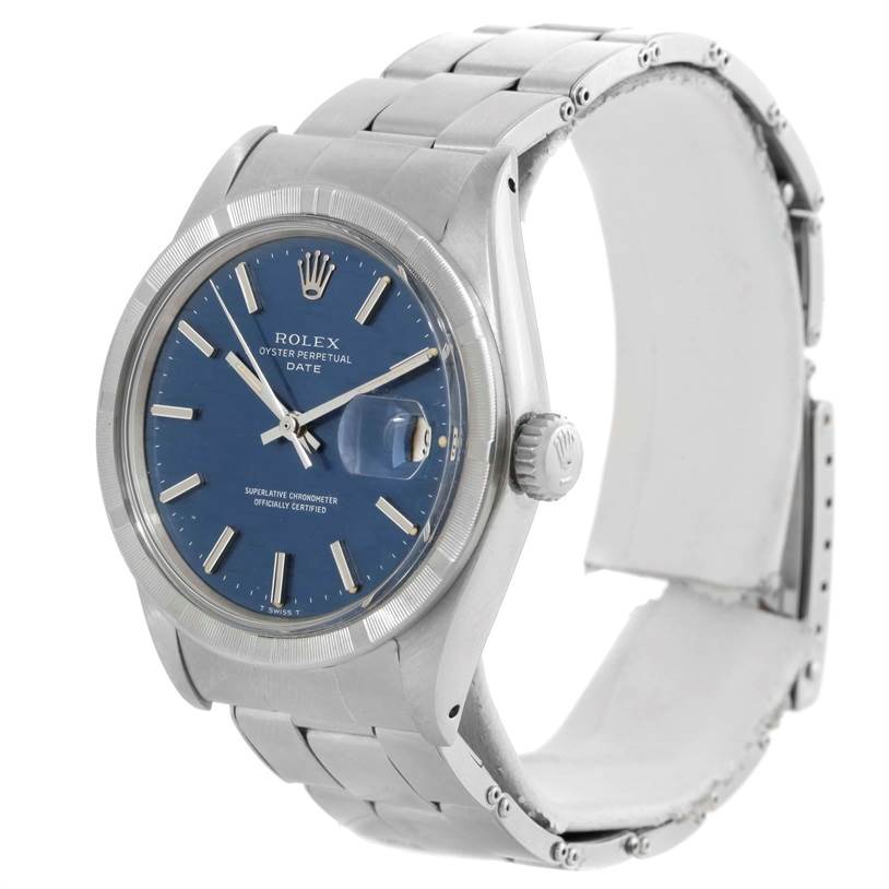 The Rolex Vintage Collection 1501 Men's Stainless Steel Blue Dial 1501 Men's Stainless Steel Blue Dial watch is shown at a three-quarter angle, highlighting the face, bezel, crown, and bracelet.