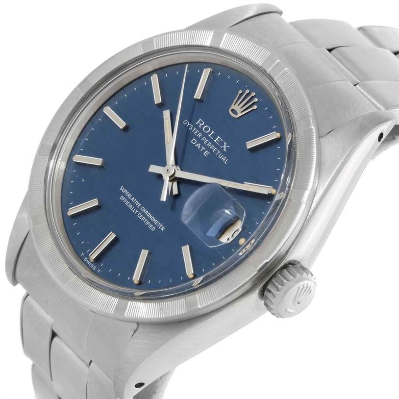 This image shows a close-up angled view of the Rolex Vintage Collection 1501 Men's Stainless Steel Blue Dial 1501 Men's Stainless Steel Blue Dial watch, highlighting the dial, bezel, and crown.