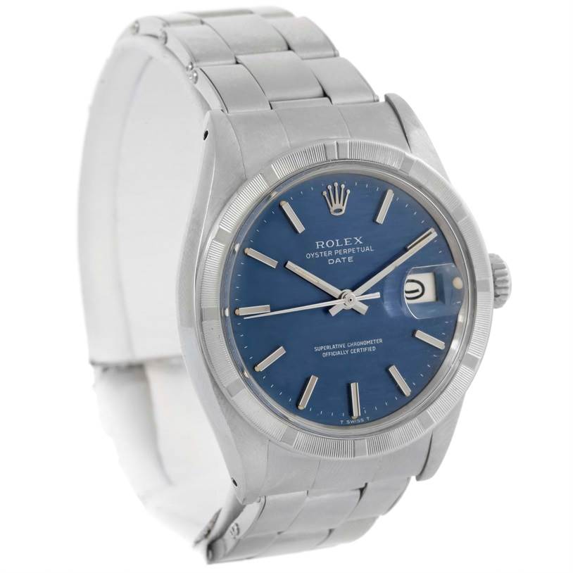 The Rolex Vintage Collection 1501 Men's Stainless Steel Blue Dial 1501 Men's Stainless Steel Blue Dial watch is shown at a slightly tilted angle, featuring its blue dial, crown, and metal bracelet.