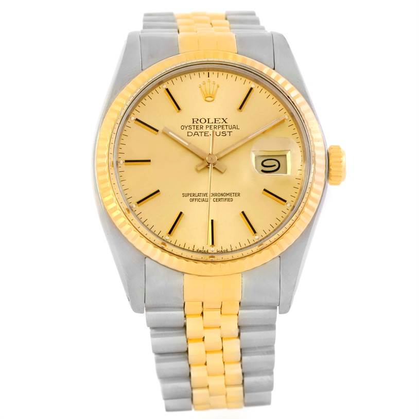 This image shows a Rolex Vintage Collection 16013 Men's Stainless Steel Champagne Dial 16013 Men's Stainless Steel Champagne Dial Oyster Perpetual Datejust watch, displaying the dial, bezel, and partial bracelet.