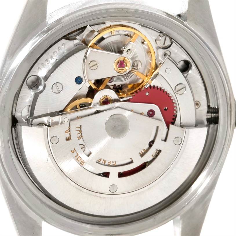 This image shows the internal mechanism of a Vintage Collection model by Rolex from a rear angle.