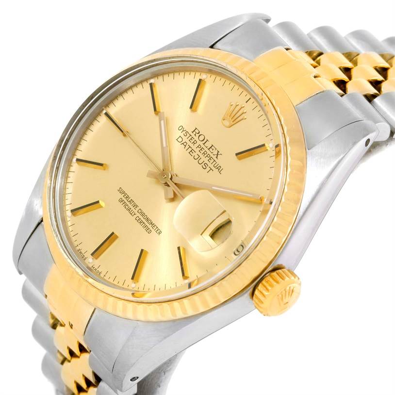 The image shows a close-up view of the face and partial bracelet of a Rolex Vintage Collection 16013 Men's Stainless Steel Champagne Dial 16013 Men's Stainless Steel Champagne Dial watch.