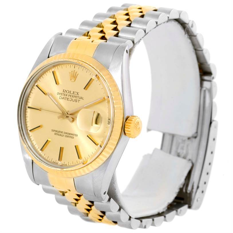 This image shows a Rolex Vintage Collection 16013 Men's Stainless Steel Champagne Dial 16013 Men's Stainless Steel Champagne Dial Datejust watch at a slight left side angle, highlighting the face, bezel, crown, and bracelet.