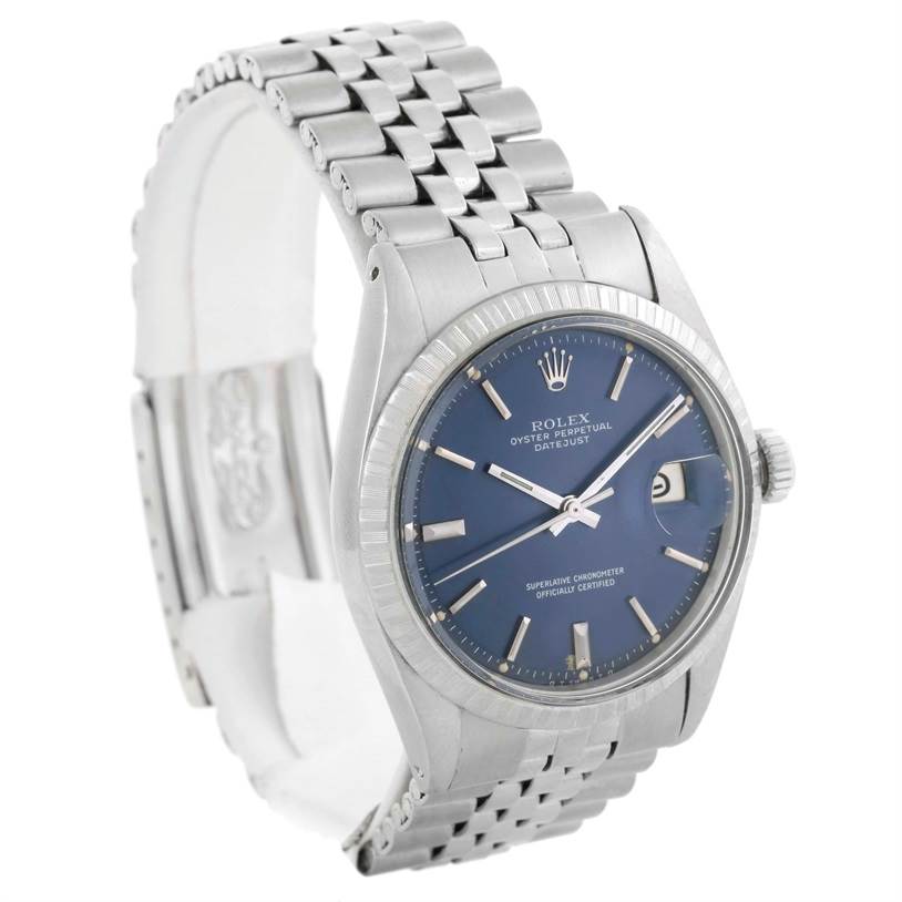 The Rolex Vintage Collection 1603 Men's Stainless Steel Blue Dial 1603 Men's Stainless Steel Blue Dial model is shown at a three-quarter angle, highlighting the watch face, bezel, and metal bracelet.