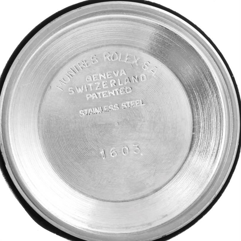 This image shows the interior of the back case of a Rolex Vintage Collection 1603 Men's Stainless Steel Blue Dial 1603 Men's Stainless Steel Blue Dial model, with markings indicating the model number "1603."