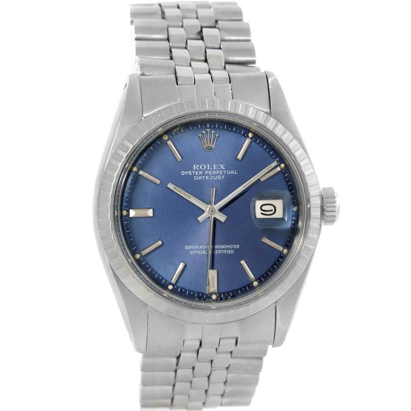 The image shows a frontal view of the Rolex Vintage Collection 1603 Men's Stainless Steel Blue Dial 1603 Men's Stainless Steel Blue Dial watch, featuring a blue dial and date display with a metal bracelet.