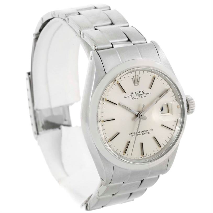 The image shows a Rolex Vintage Collection 1500 Men's Stainless Steel Silver Dial 1500 Men's Stainless Steel Silver Dial watch angled to display the face, crown, and part of the metal bracelet.