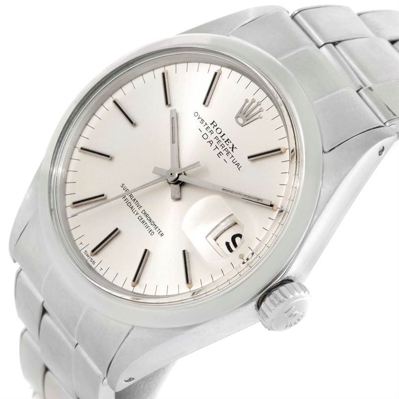 The image shows a Rolex Vintage Collection 1500 Men's Stainless Steel Silver Dial 1500 Men's Stainless Steel Silver Dial watch at a slight angle, highlighting the face, bezel, crown, and stainless steel bracelet.
