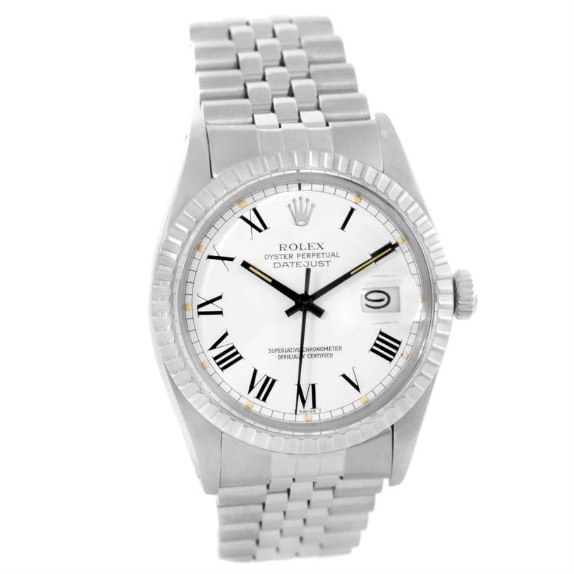 The image shows a frontal view of a Rolex Vintage Collection 16030 Men's Stainless Steel White Dial 16030 Men's Stainless Steel White Dial Oyster Perpetual Datejust watch displaying the face, bezel, and bracelet.
