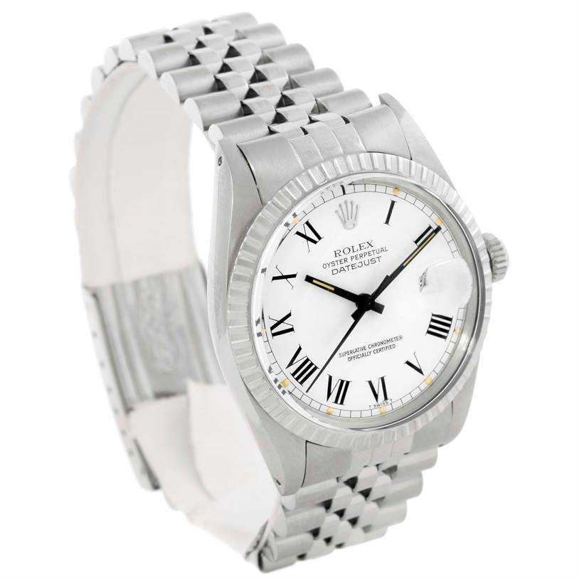 The image shows a front and side profile of the Rolex Vintage Collection 16030 Men's Stainless Steel White Dial 16030 Men's Stainless Steel White Dial Oyster Perpetual Datejust watch with a Jubilee bracelet.