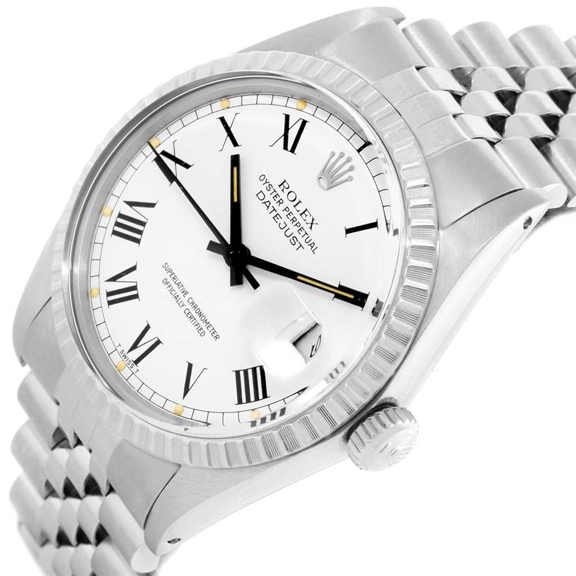 This image shows a Rolex Vintage Collection 16030 Men's Stainless Steel White Dial 16030 Men's Stainless Steel White Dial watch at a slight angle, displaying the white dial, Roman numerals, date window, crown, and bracelet.