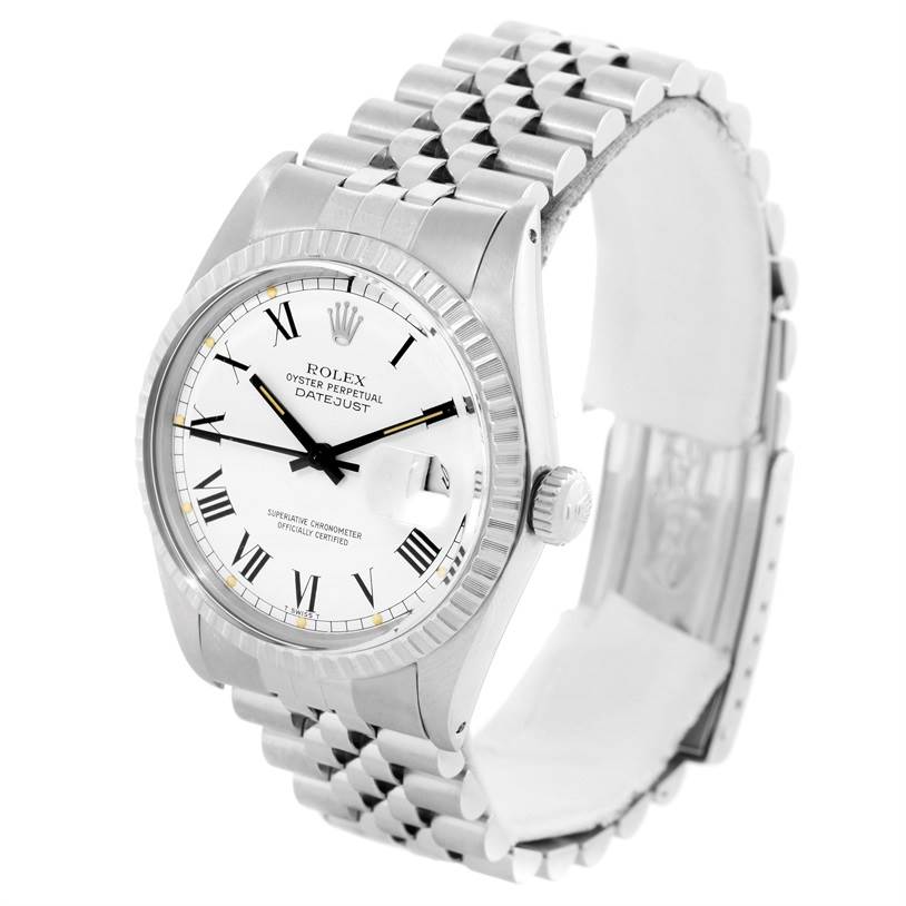 The image shows a Rolex Vintage Collection 16030 Men's Stainless Steel White Dial 16030 Men's Stainless Steel White Dial Datejust watch from a front angle, highlighting the face, bezel, crown, and stainless steel bracelet.