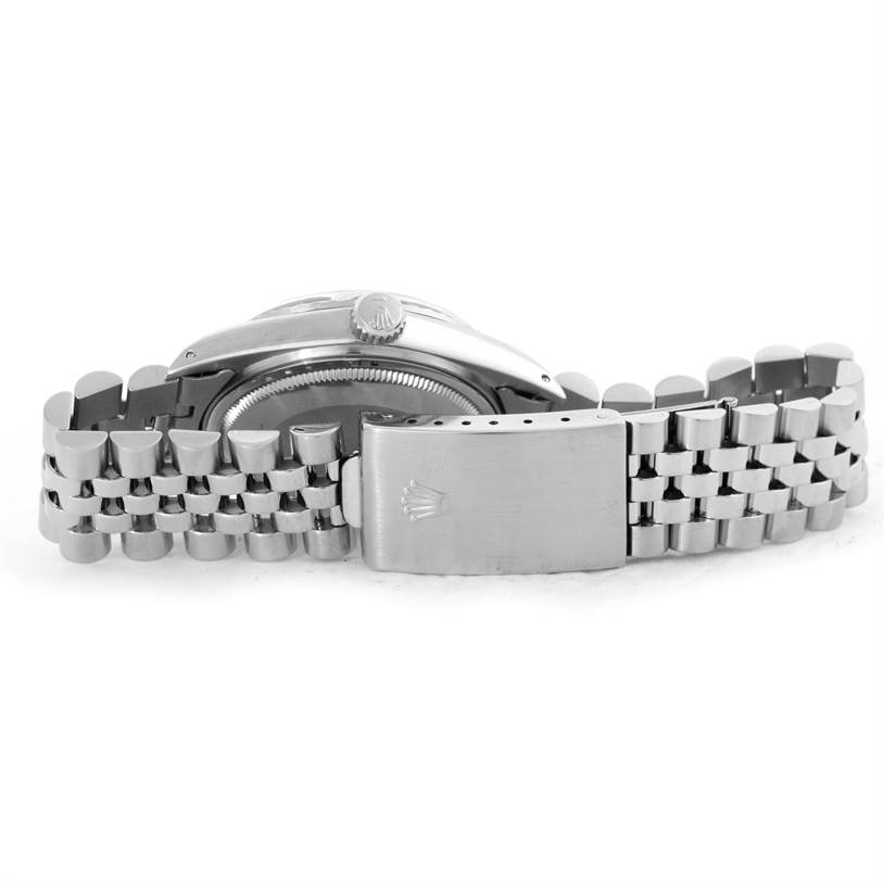 The image shows the back and clasp of a Rolex Vintage Collection 16030 Men's Stainless Steel White Dial 16030 Men's Stainless Steel White Dial model watch, highlighting its bracelet and crown.