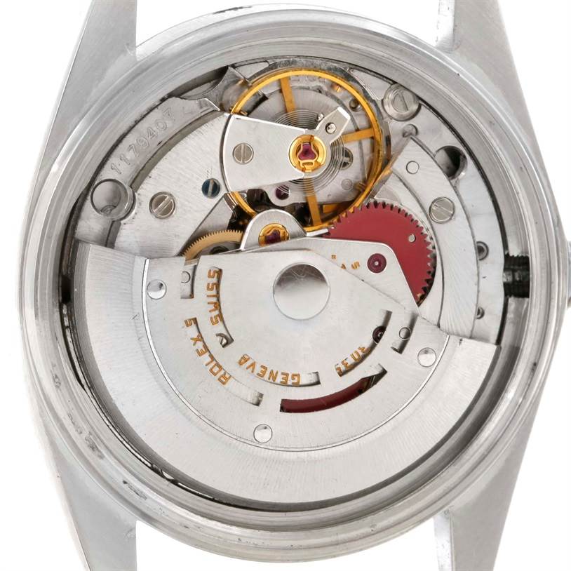 The image shows the movement and internal mechanism of a Rolex Vintage Collection 16030 Men's Stainless Steel White Dial 16030 Men's Stainless Steel White Dial model from a rear angle.