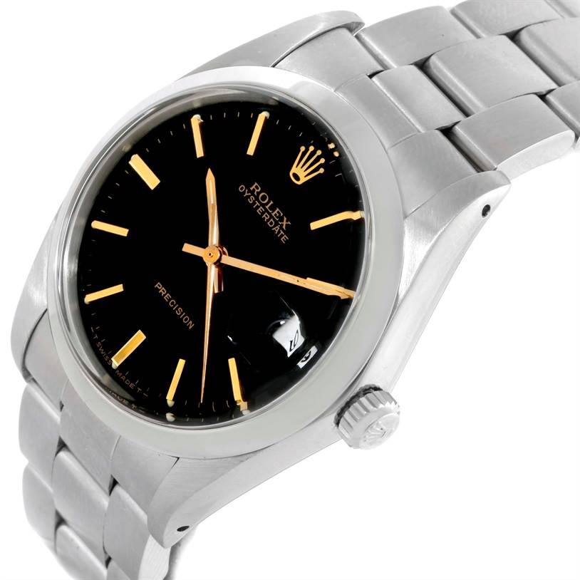 This image shows a close-up angle of the Rolex Vintage Collection 6694 Men's Stainless Steel Black Dial 6694 Men's Stainless Steel Black Dial watch, highlighting the dial, bezel, and crown.