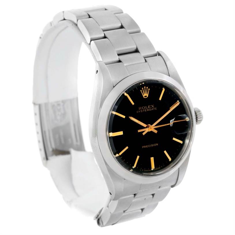 The image shows a Rolex Vintage Collection 6694 Men's Stainless Steel Black Dial 6694 Men's Stainless Steel Black Dial watch angled slightly to the left, displaying the face, crown, and part of the bracelet.