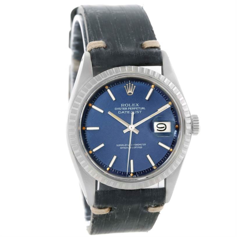 This image shows a front-angle view of a Rolex Vintage Collection 1603 Men's Stainless Steel Blue Dial 1603 Men's Stainless Steel Blue Dial Datejust watch with a blue dial and a black leather strap.