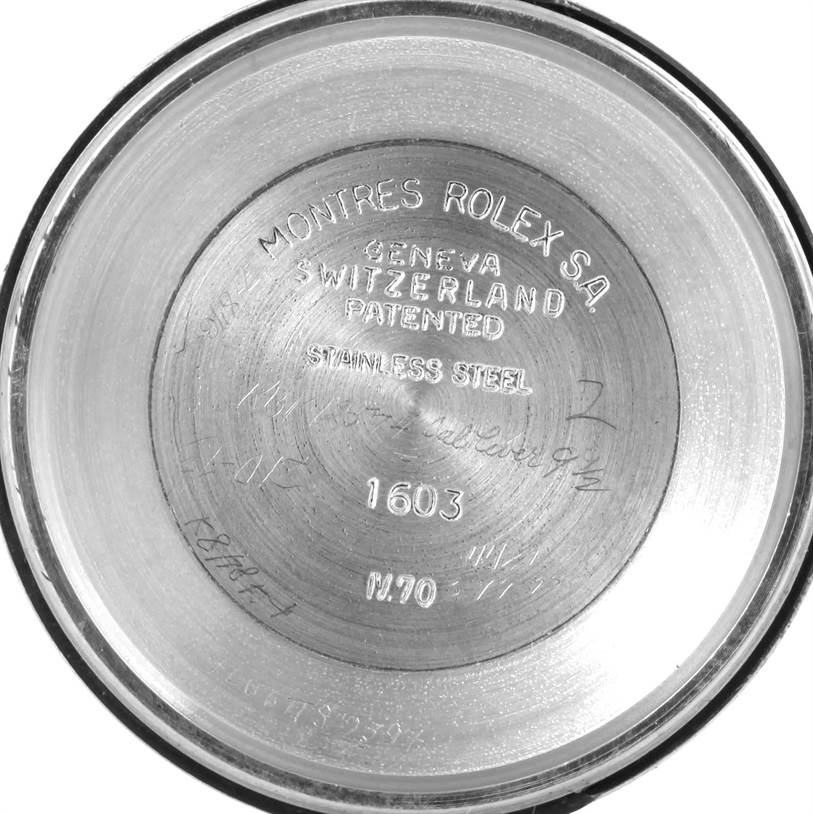This image shows the interior case back of a Vintage Collection Rolex model number 1603.