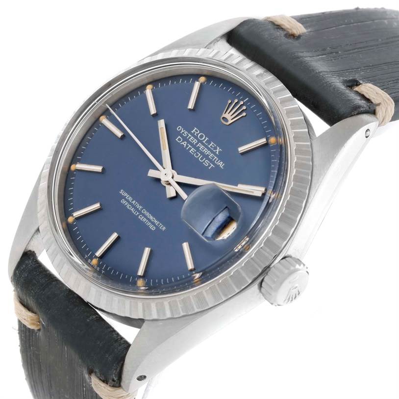 This image shows a Rolex Vintage Collection 1603 Men's Stainless Steel Blue Dial 1603 Men's Stainless Steel Blue Dial watch at a slight angle, highlighting the dial, bezel, crown, and part of the strap.