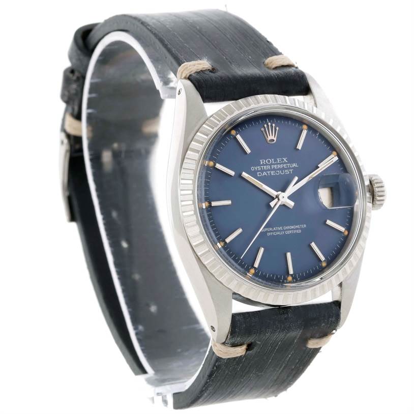 The image shows a Rolex Oyster Perpetual Datejust Vintage Collection watch at an angle emphasizing the dial, bezel, and leather strap.