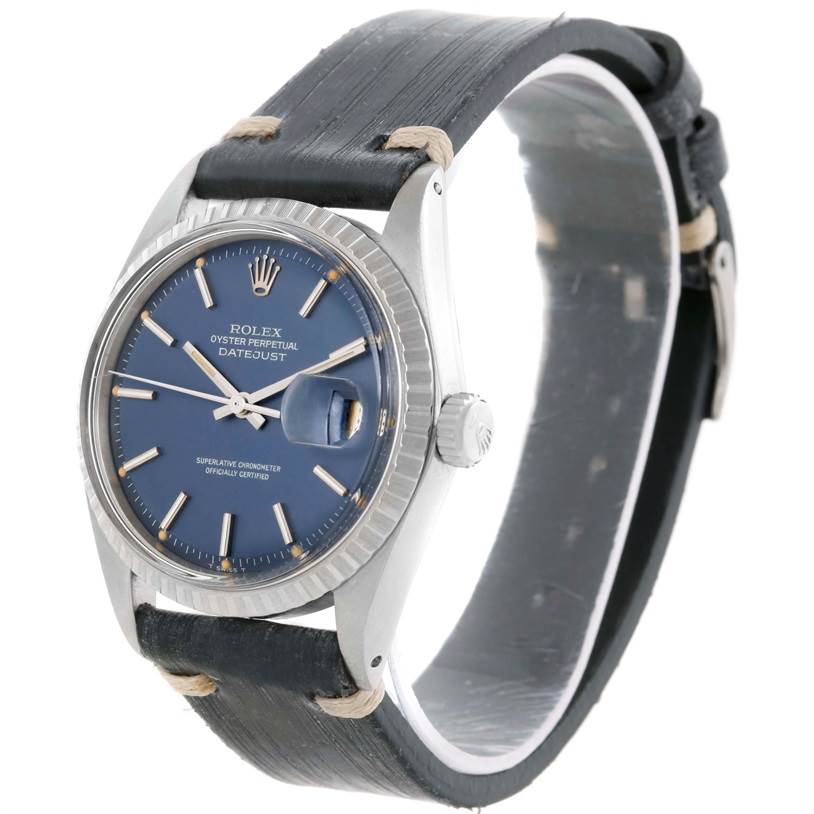 The image shows a Rolex Vintage Collection 1603 Men's Stainless Steel Blue Dial 1603 Men's Stainless Steel Blue Dial watch, angled to display its blue dial, crown, and leather strap.