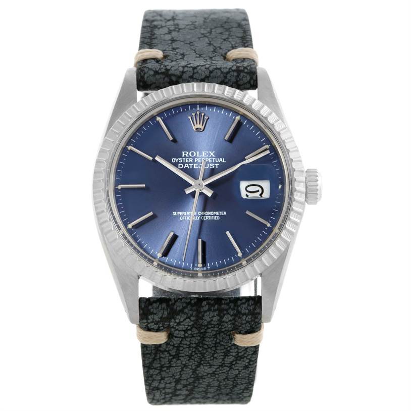 This image shows the front view of a Rolex Vintage Collection 16030 Men's Stainless Steel Blue Dial 16030 Men's Stainless Steel Blue Dial Oyster Perpetual Datejust watch with a blue dial and black leather strap.