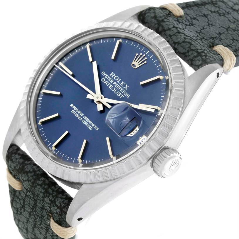 The Rolex Vintage Collection 16030 Men's Stainless Steel Blue Dial 16030 Men's Stainless Steel Blue Dial model is shown from a front-right angle, highlighting the blue dial, fluted bezel, and leather strap.