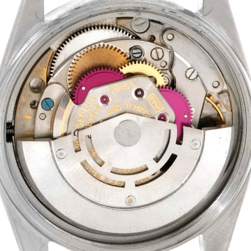 The image shows the internal mechanism of a Rolex Vintage Collection 1601 Men's Stainless Steel Silver Dial 1601 Men's Stainless Steel Silver Dial model watch viewed from the back.