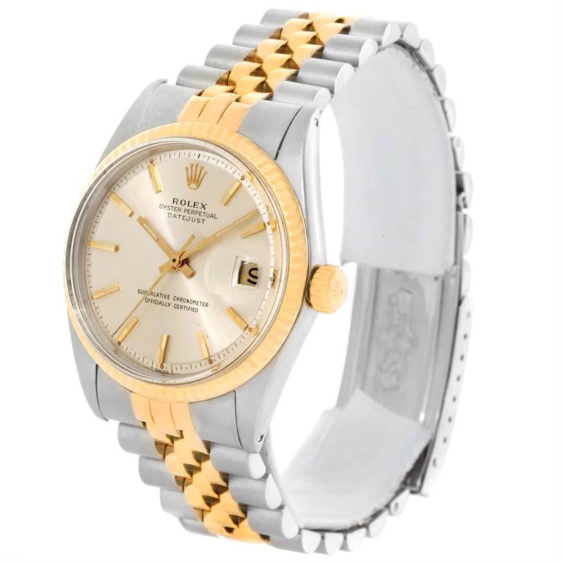 The Rolex Vintage Collection 1601 Men's Stainless Steel Silver Dial 1601 Men's Stainless Steel Silver Dial model is shown at an angle, highlighting its gold and silver two-tone bracelet, crown, and dial.